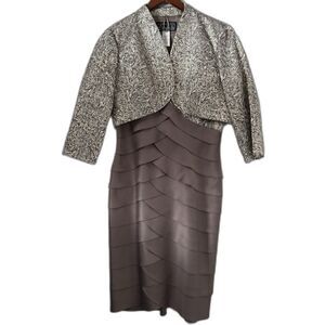 Alex Evenings 2pc Tiered Sheath Dress & Metallic Jacquard Jacket Set Size 10